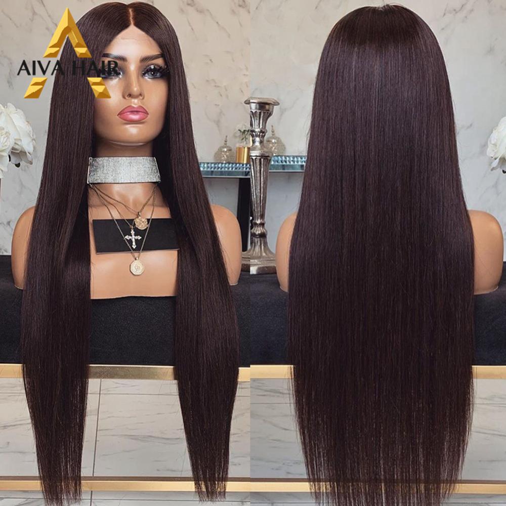 Aiva haar hoge temperatuur vezel synthetische kant voorpruik lijmloze lange middenscheiding cosplay pruik rechte pruiken voor zwarte vrouwen