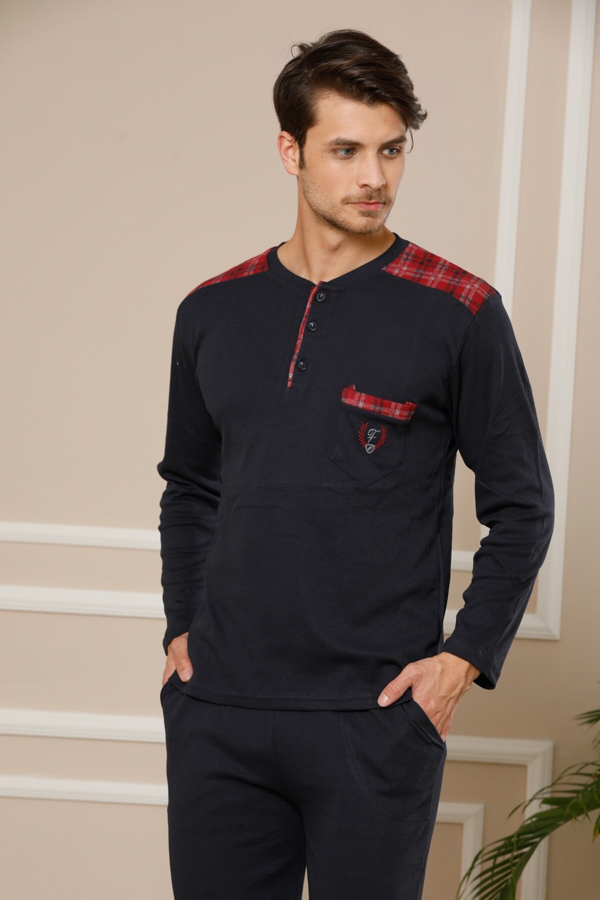 STRAWBERRY Women 'S Navy Blue Cotton Long Sleeve İnterlok Pajamas Suit