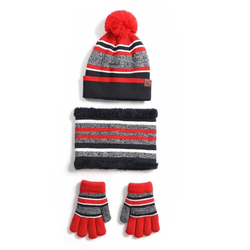 Børn vinterstrik 3 stk beanie hat tørklæde handsker sæt kontrast farve stribet tyk plys foret pompom kraniet cap hals varmere: R