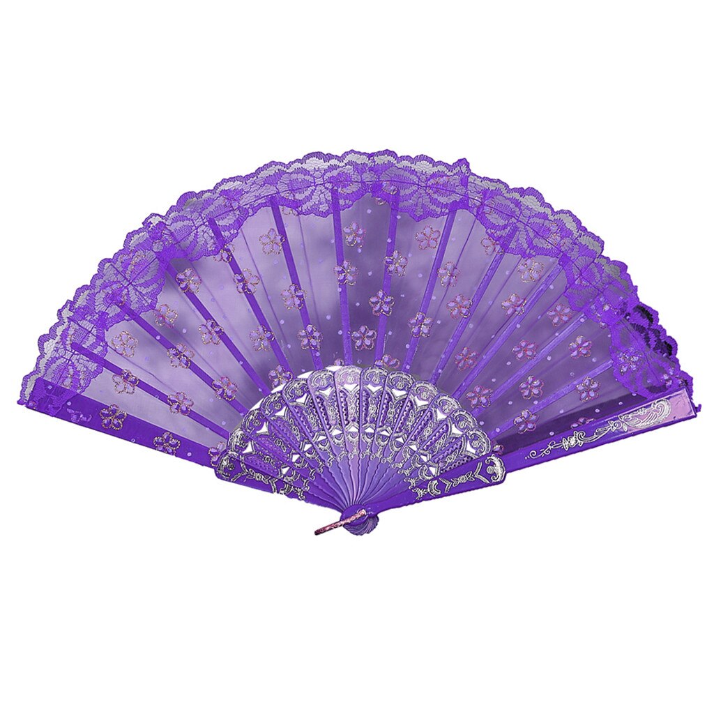 Flores de papel tipo ventilador, abanicos de seda de encaje plegables, estilo chino, para baile, boda, ,: Morado