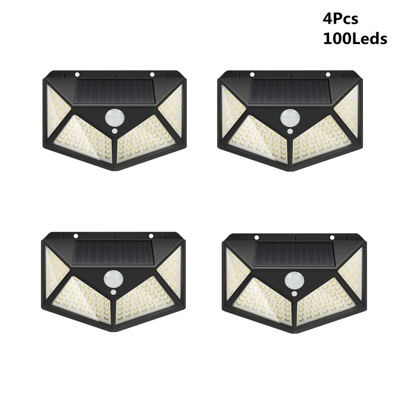 Solar Led Light Outdoor Lamp Pir Motion Sensor Led Wandlampen Schans Waterdicht Solar Voor Tuin Straat Lamp Outdoor Verlichting: 100Leds 4Pcs