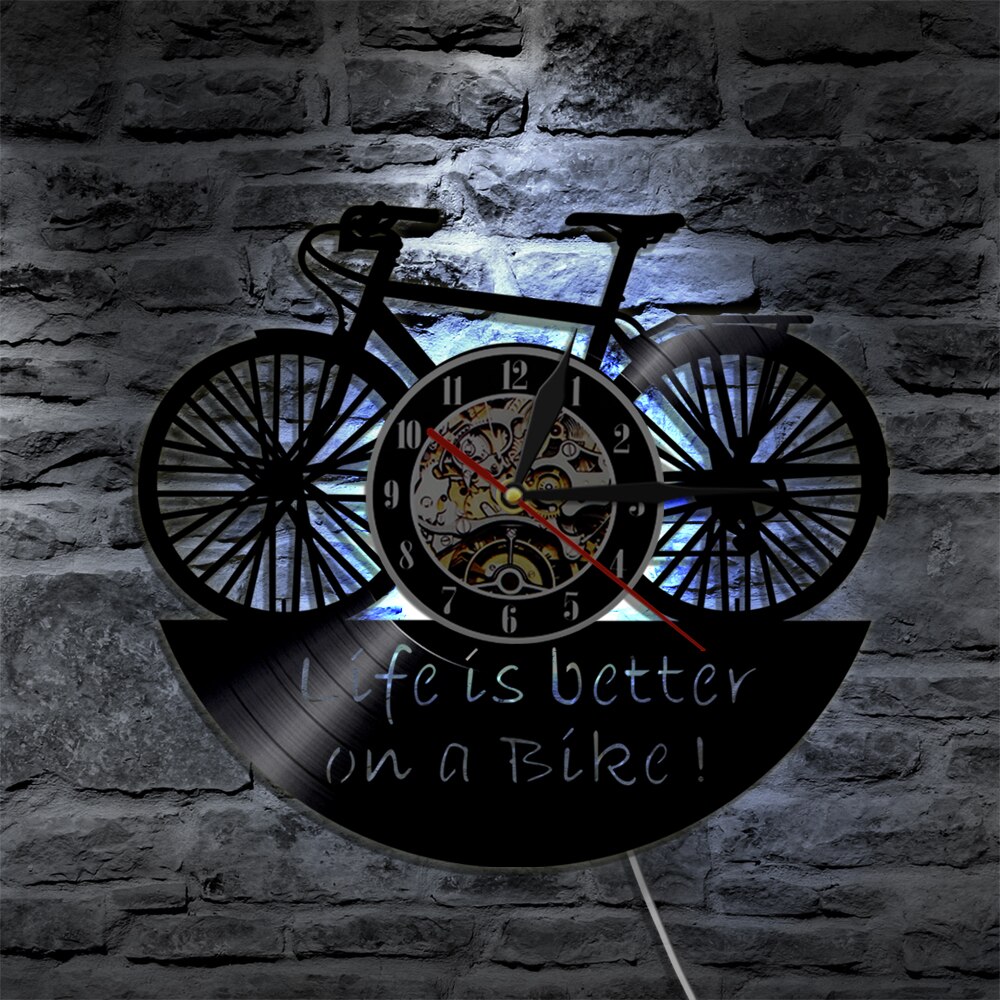 Life Is Better On A Bike Wall Clock Bike Cycle Vinyl Record Wall Clock Home Decor with 7 Different Color LED Light