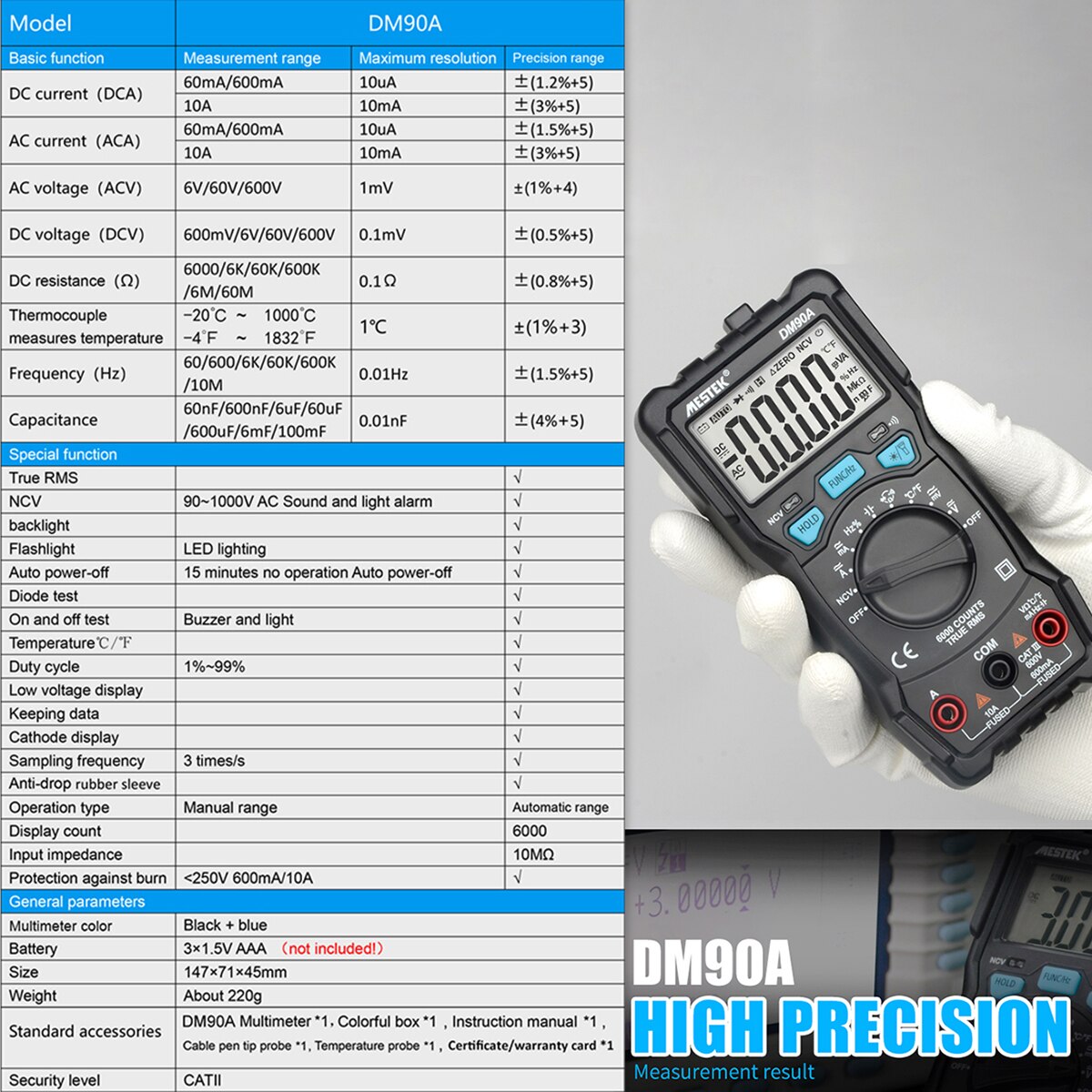 MESTEK DM90A 6000 Counts Auto-ranges True RMS LCD Digital Multimeter AC Voltage/Current Meter Capacitance Resistance Tester