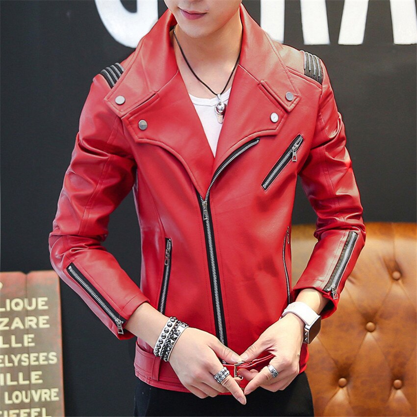 Classic Mens PU Leather Jacket Red White Black Fall Winter Slim Male Faux Leather Motorcycle Coats