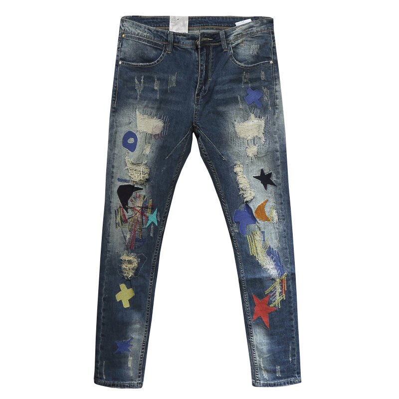 Streetwear Men Jeans Slim Fit Embroidery Ripped Jeans Men Destroyed Baggy Pants Elastic Patches Hip Hop Jeans