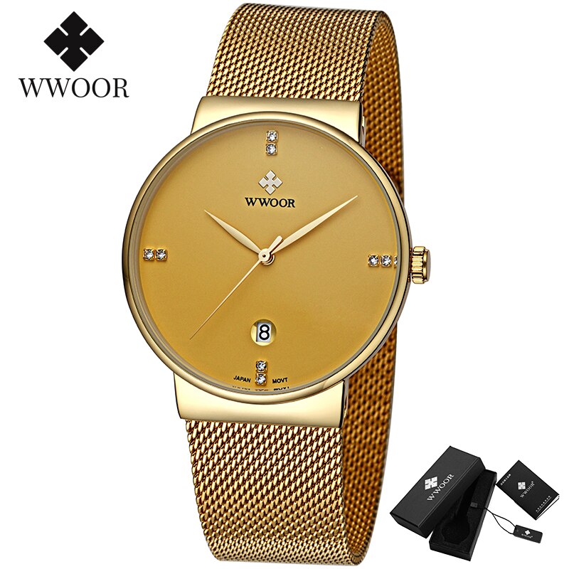 WWOOR-montre de luxe pour hommes, en acier inoxydable, doré, montre à Quartz minimaliste, diamant