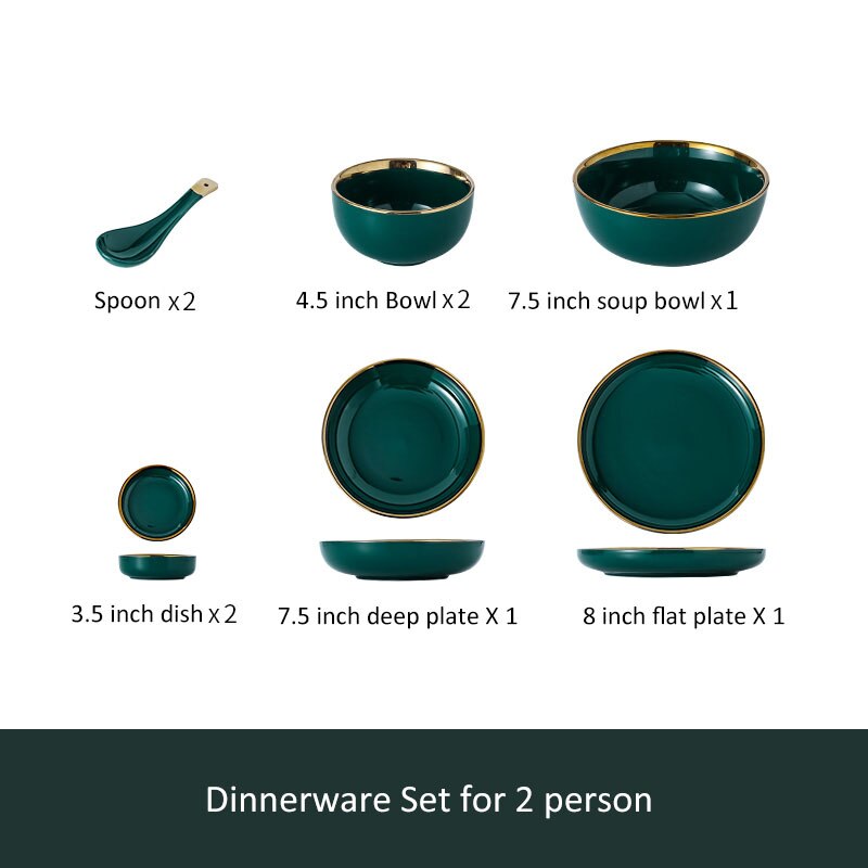Luxury Plates and Bowls Dish Spoon Dinner Set with Glod Rim Ceramic Salad Ramen Bowl Deep Plate Crockery Green Dinnerware