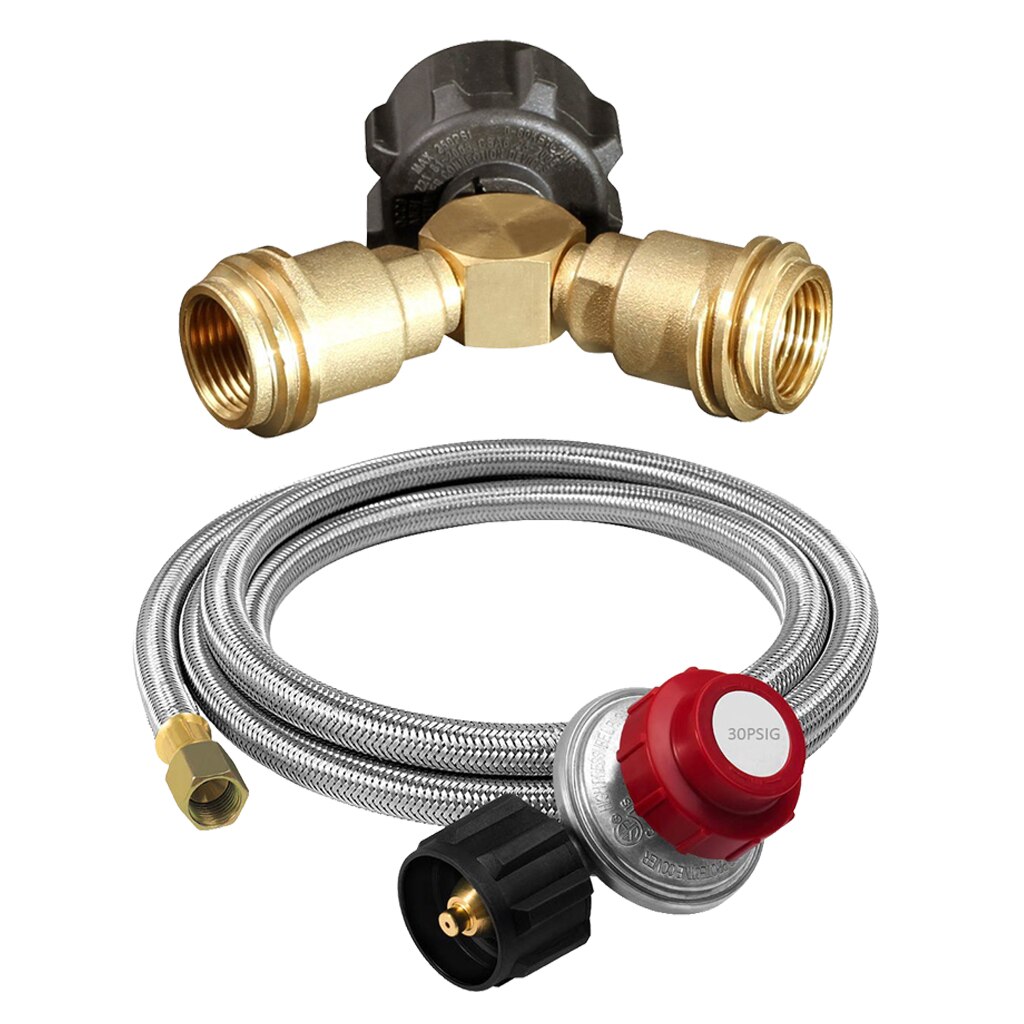 Propane Tank Y Splitter Valve Adapter with Stainless Regulator 4ft Hose