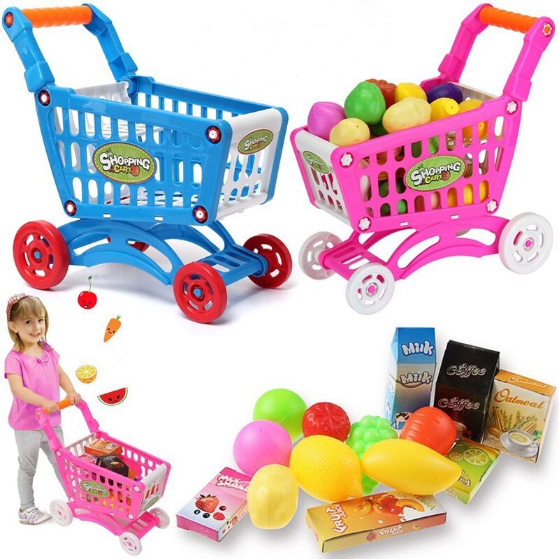 1Set Kids Simulation Supermarket Shopping Cart Mini Trolley With Fruit Vegetable Blue