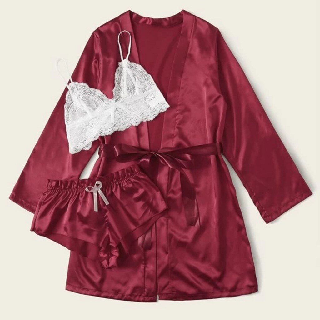 Nightdress Night Women Clothing Femininos 3PC Women Lace Satin Wireless Bra Camisole Bow Shorts Pajamas Sleepwear Robe Set LW