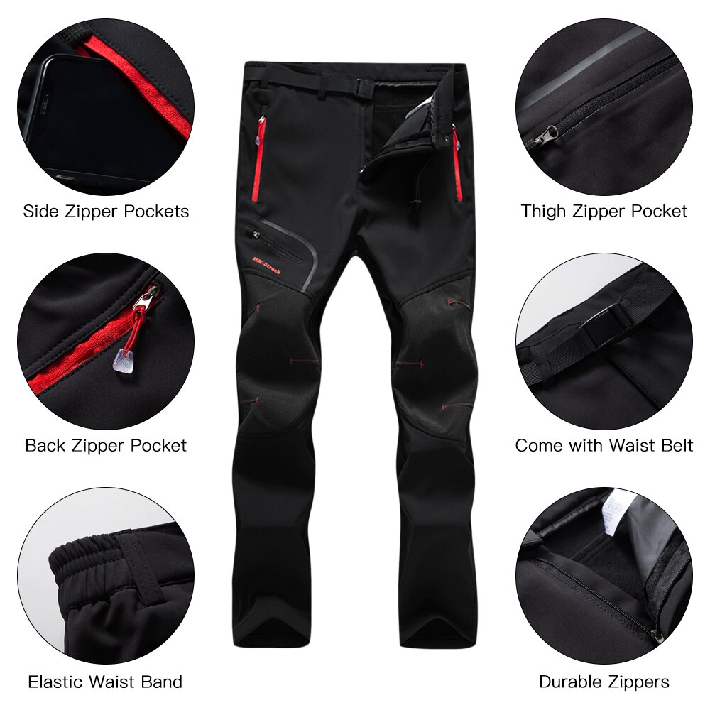 Men Hiking Pants Water Resistant Breathable Winter Pants with Pockets Fleece Lined Pants with Belt Camping Skiing Outdoor Pant