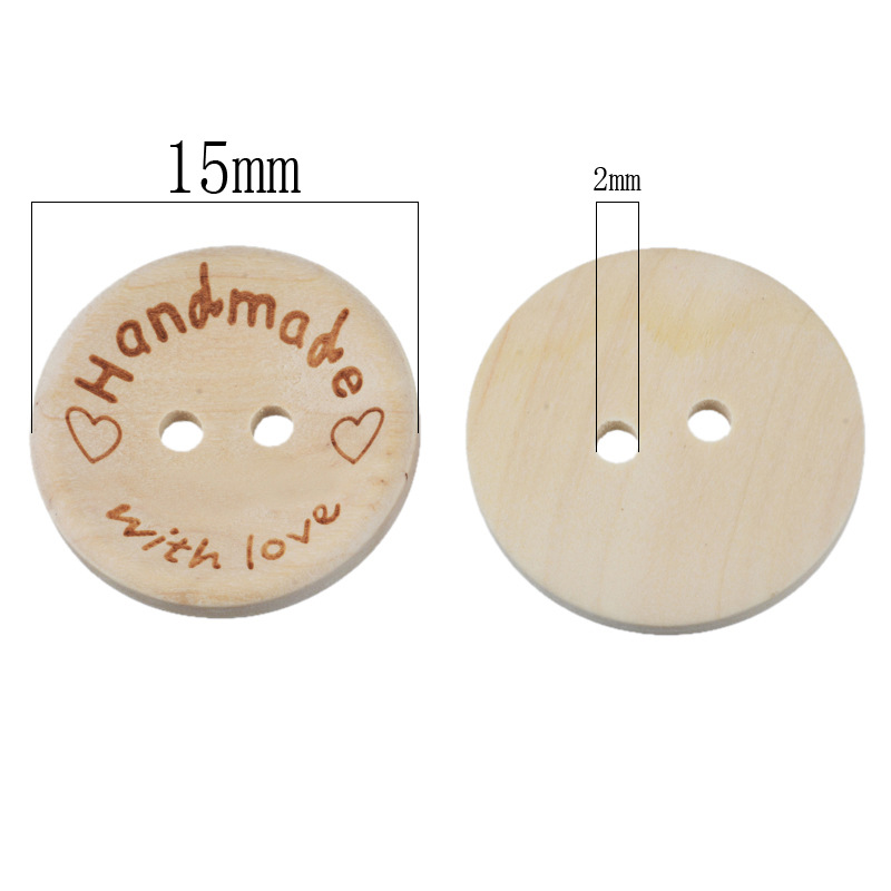 Botones de madera hechos a mano con amor, 2 agujeros, botón redondo, botones de bebé de Color Natural para Scrapbooking, manualidades, coser, 50 piezas