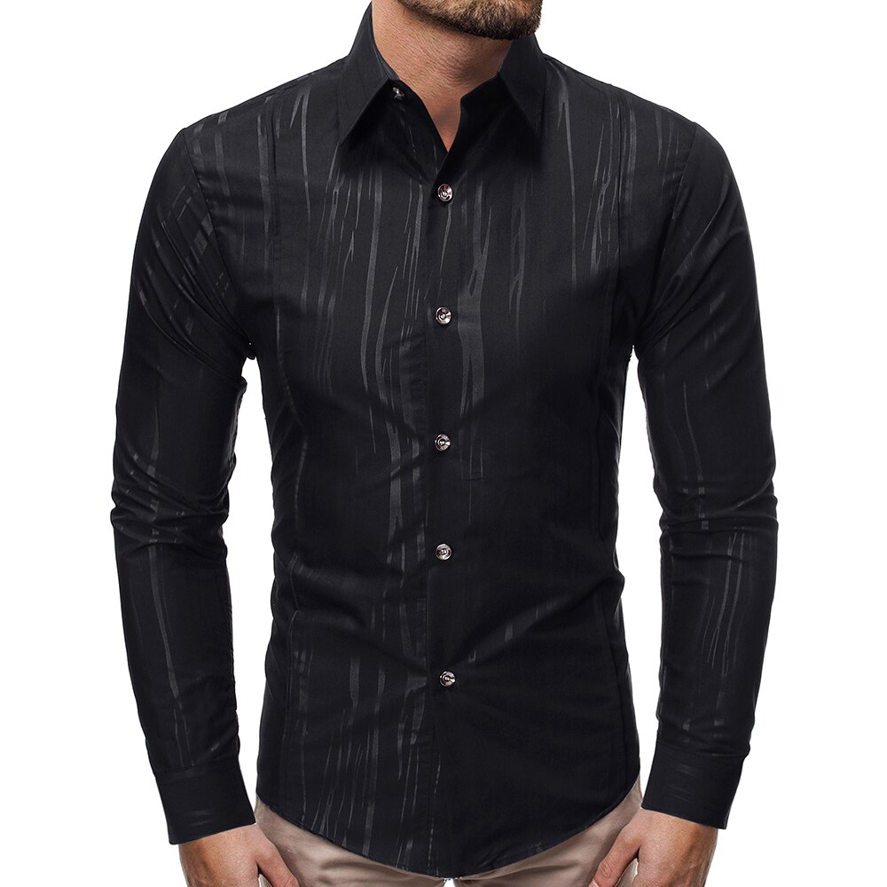 Men Shirts Arrivals Texture printing Slim Fit Male Shirt Solid Long Sleeve British Style Cotton Men's Shirt: Black / XXL