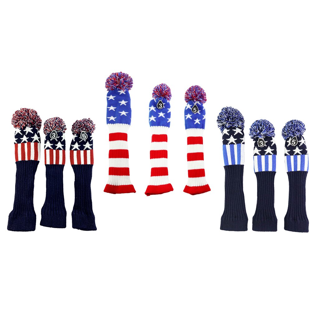 3Pcs Golf Club Knitted Head Cover Headcover Set Vintange Pom Pom Sock Covers Universal 1 3 5 Protector Golf Club Accessory