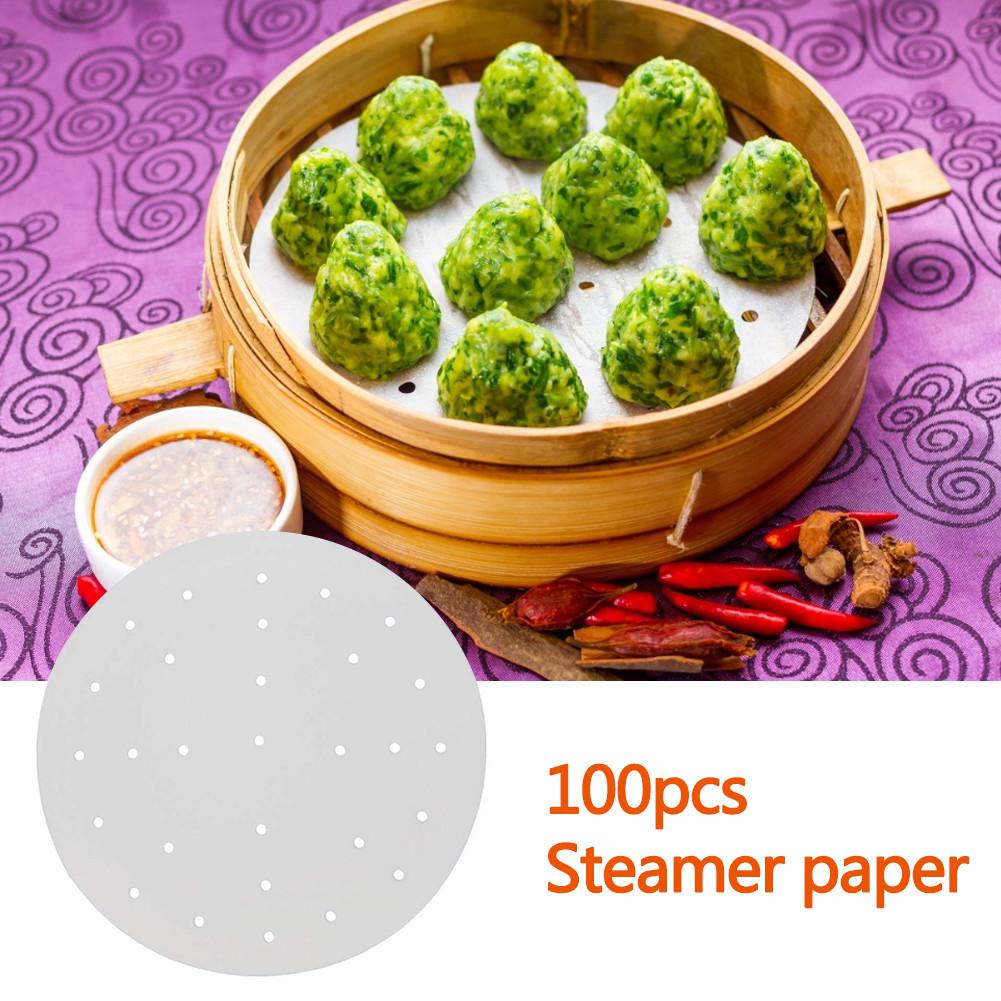100 ark 7 tommers steamer papir kjøkken perforert tremasse papir steamer non-stick dampmatte rund matlaging steamer papir