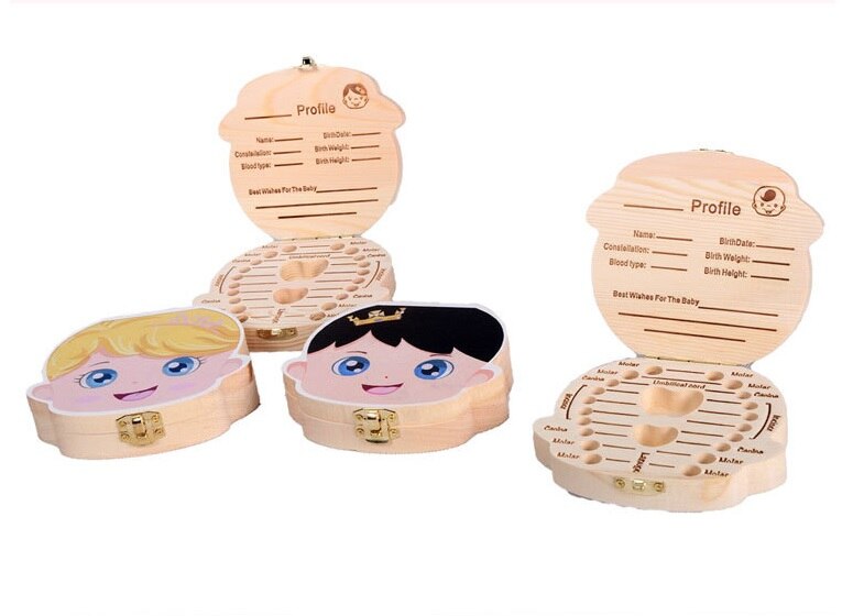 Caja de dientes de bebé colorido español inglés francés italiano caja de dientes de madera organizador guardar dientes de leche almacenamiento de madera