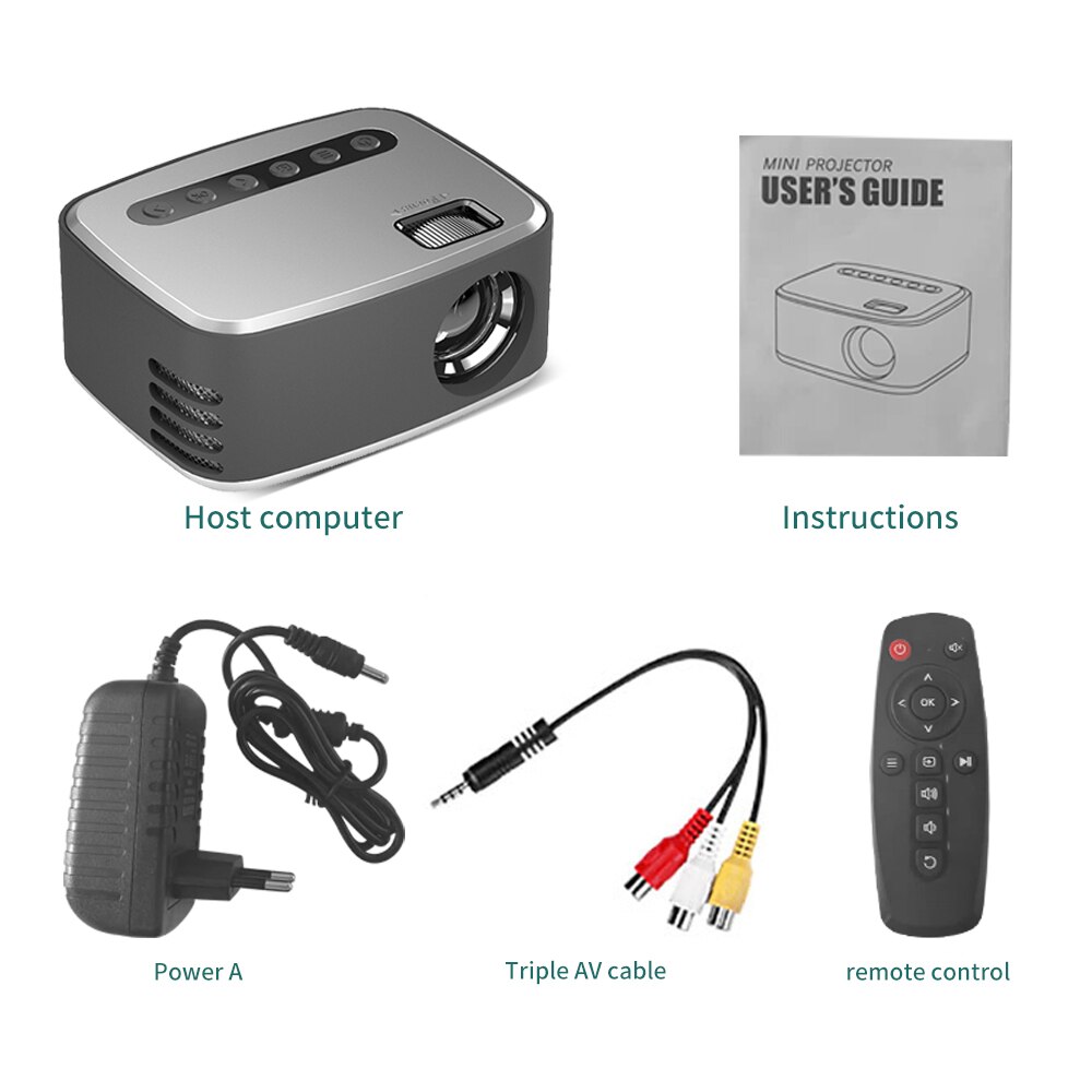 VEIDADZ-miniproyector portátil para cine en casa, reproductor de vídeo multimedia, 1080P, USB, HD, LED, 320x240 píxeles, T20: T20 Gray / Enchufe estadounidense