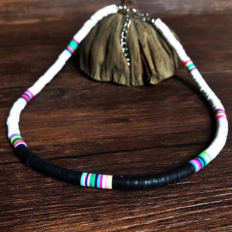 Collier en argile polymère fait à la main, poterie douce, ras du cou, perles de surfeur colorées, bijoux pour femmes: Black