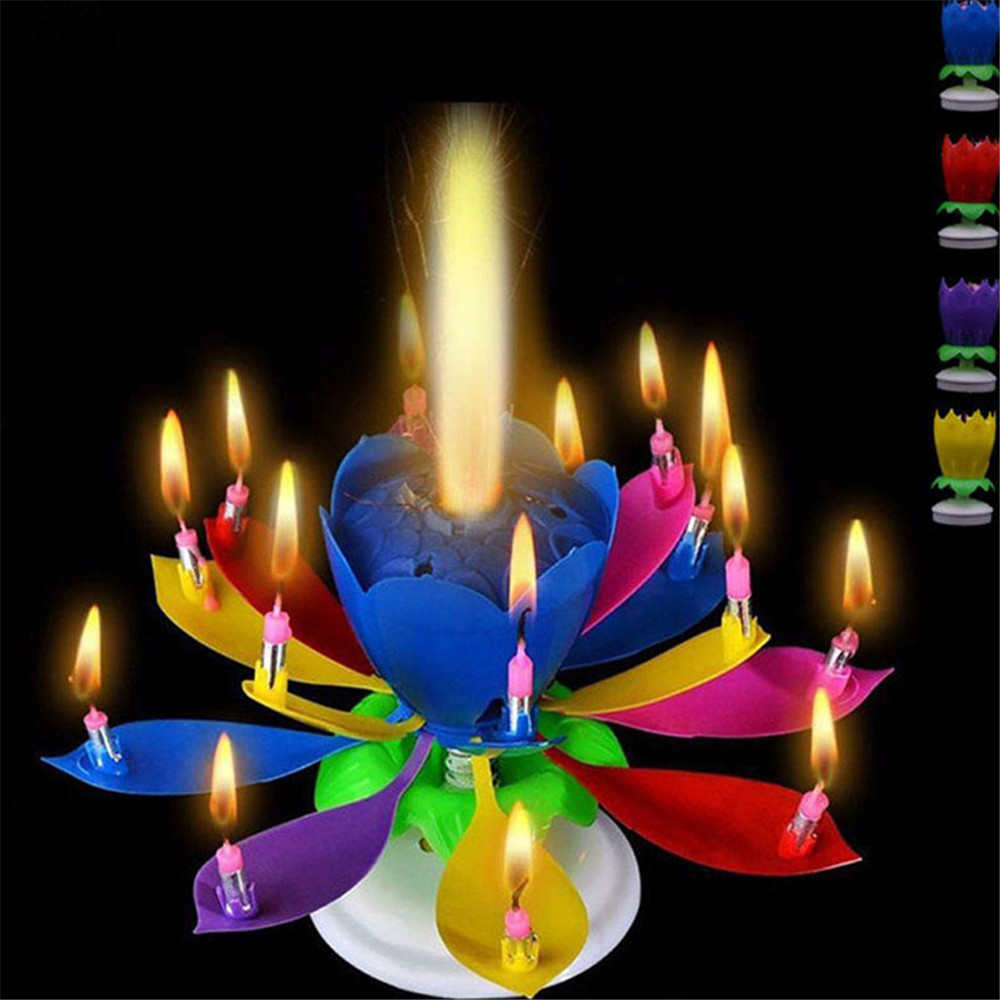 Velas musicales de pastel de cumpleaños flor de loto Festival de Navidad decoración musical decoración para de boda velas giratorias de cumpleaños