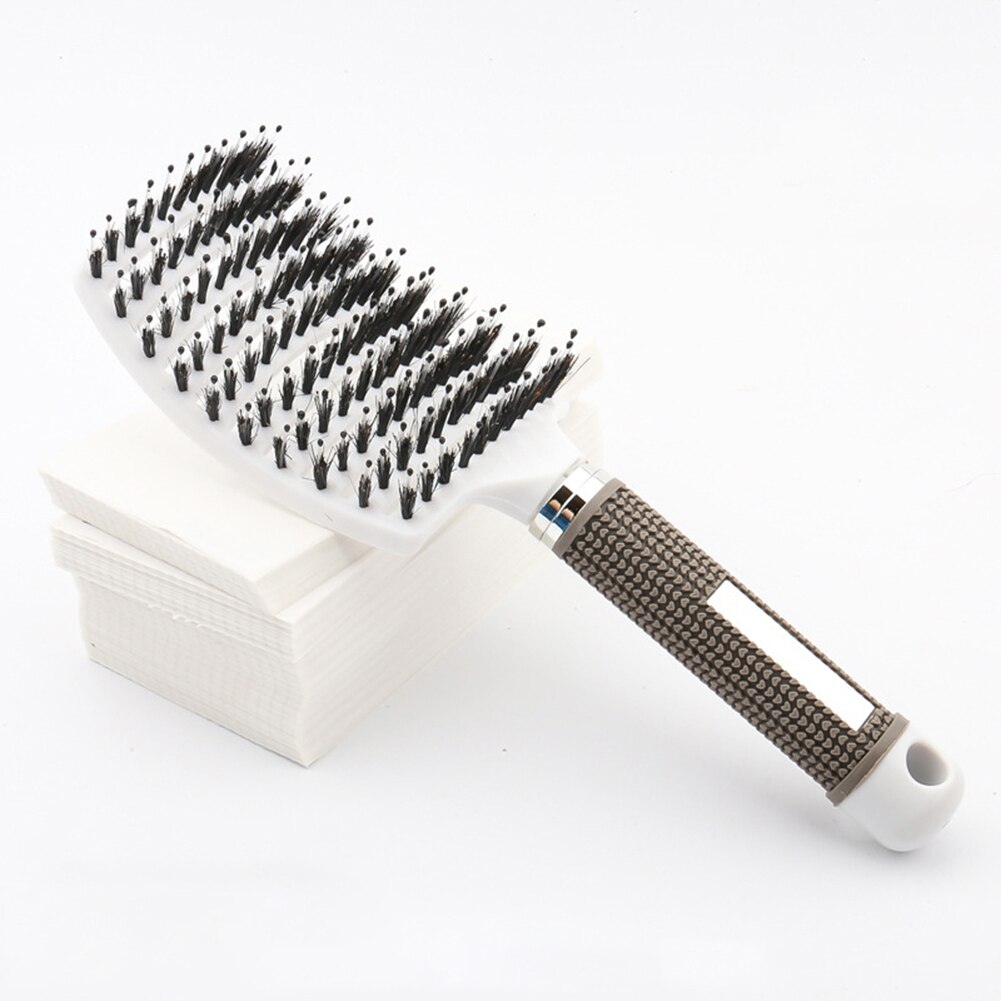 Cepillo de pelo de jabalí, peine de pelo curvado con ventilación, cepillo para desenredar el cabello grueso, masaje, cepillo de secado, peine de arbusto para el cabello: White