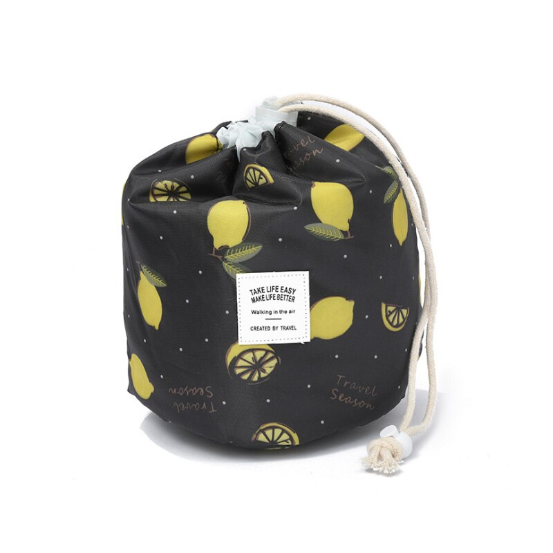 Women makeup bag Drawstring Cosmetic Bag Round Travel Organizer Make Up Case Storage Pouch Toiletry Beauty Kit Necessaries: Lemon black