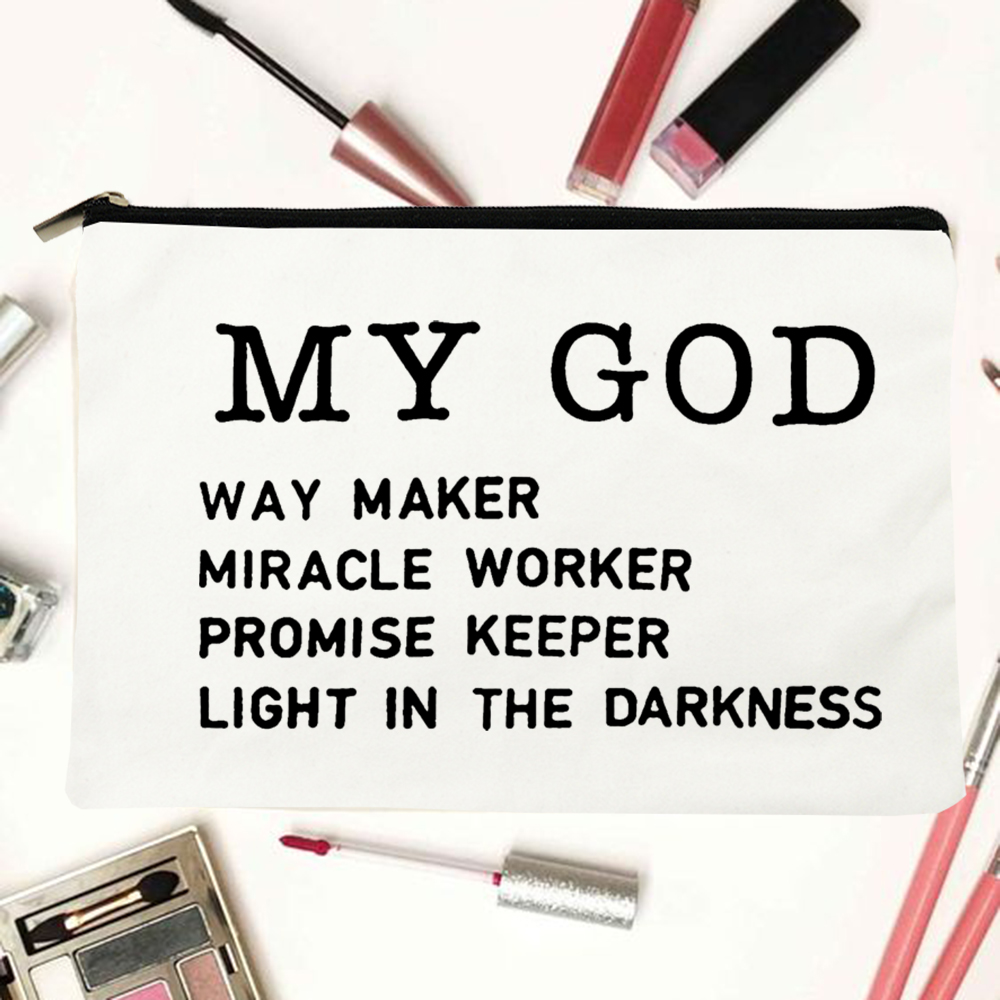 My God Christian Cosmetic Bags Christ Printing Makeup Cases Women Lipstick Bag Harajuku Purse Organizer Eco Casual Canvas Pouch: W03664-TBWH-D