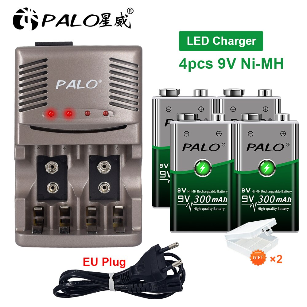 Palo 9 V Ni-Mh Oplaadbare Batterij 6F22 9 V 300Mah Batterijen 9 Spanning Voor Rookmelders Speelgoed Draadloze Camera 'S 9 V Batterij: 4pcs 9v and charger