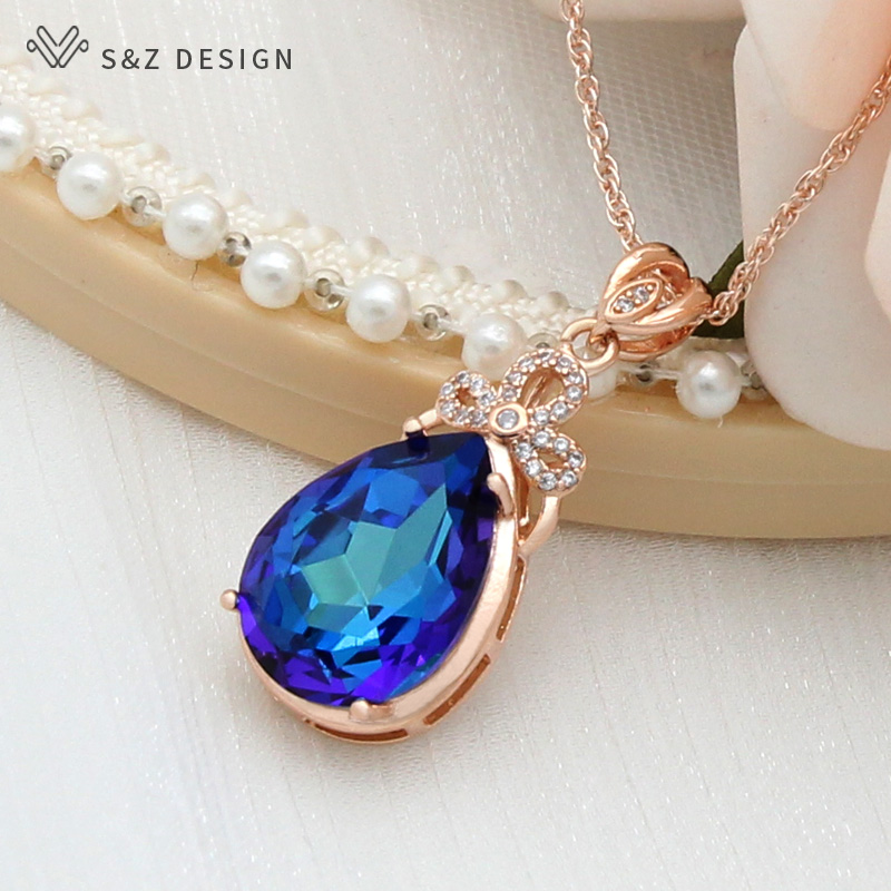 S & Z uco-Collier pendentif goutte d'eau en cristal coloré pour femme, or rose 585, bijoux de mariage,: Couleur or jaune pâle