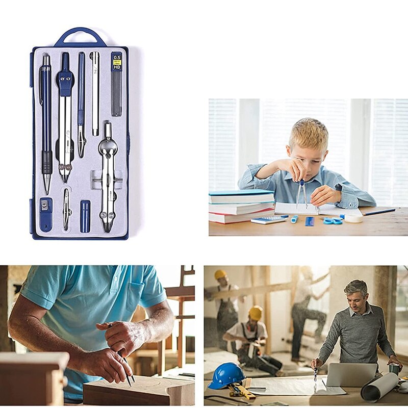 9 Pcs Metal Geometry Set Compass for Woodworking, Drawing Compass Protractors Classroom Set Drawing Kit for Geometry