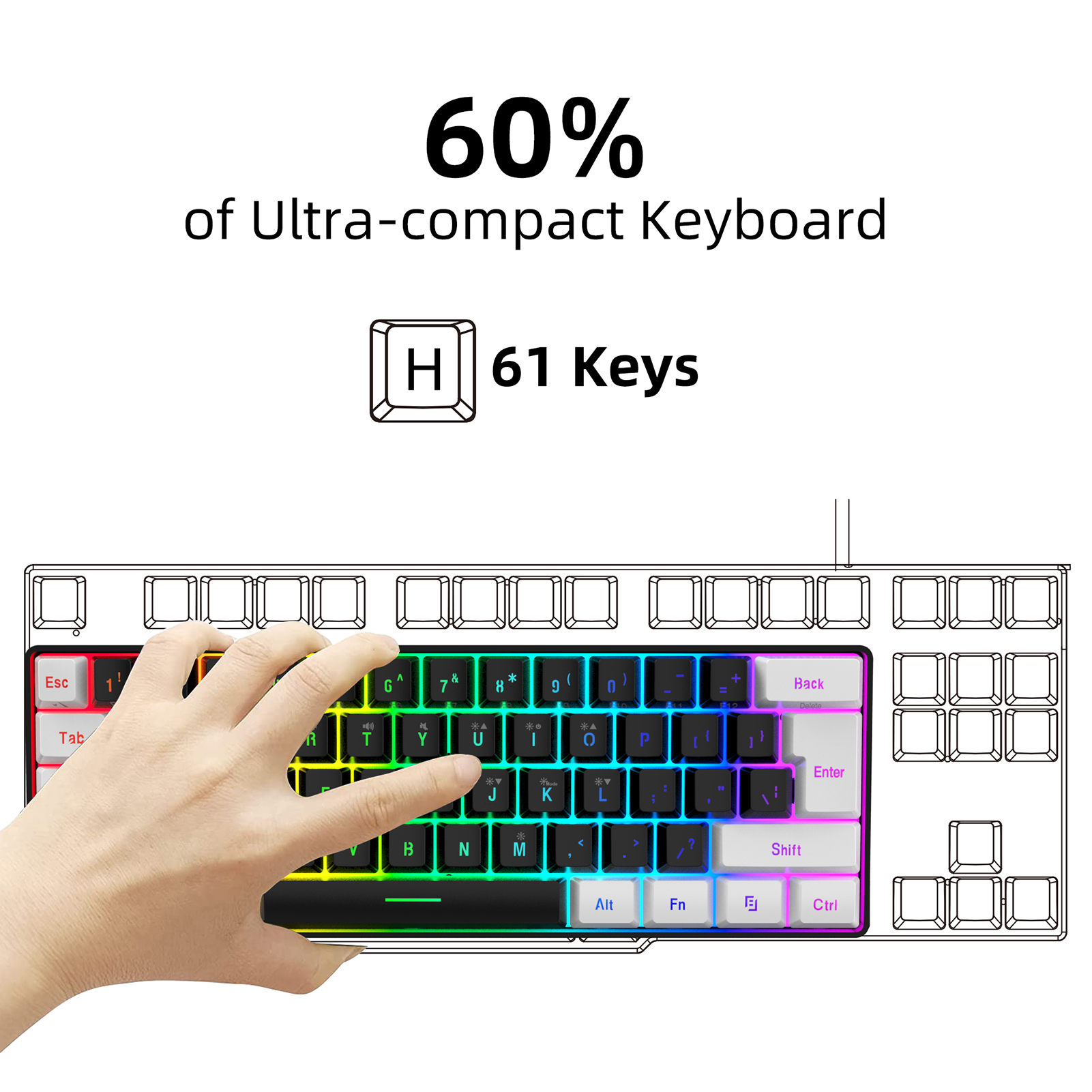 Usb computer keyboard and mouse set, , 61 keys, wired rgb backlighting + wired gaming mouse, colorful led lighting, , 4-- level movement speed