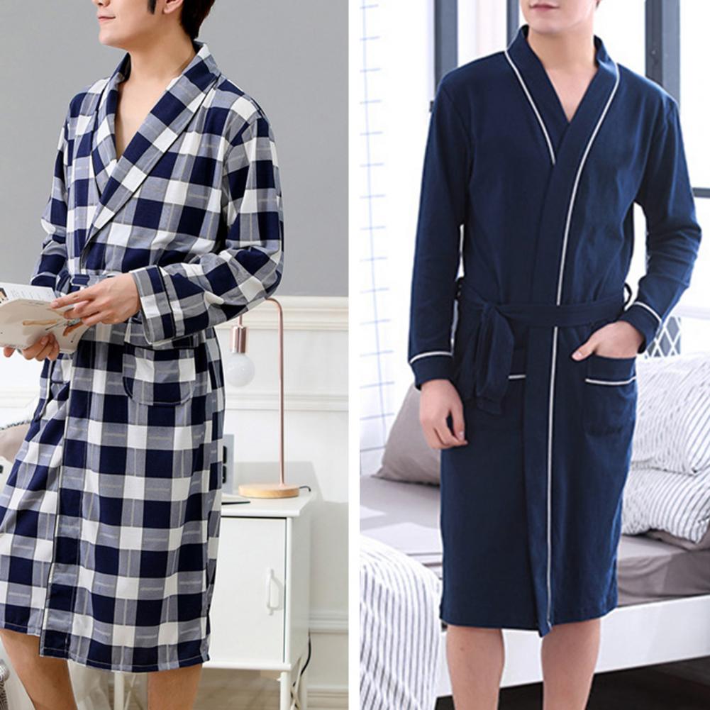 Casual Men Soft Color Block Pockets Long Sleeve Bath Robe Home Gown Sleepwear