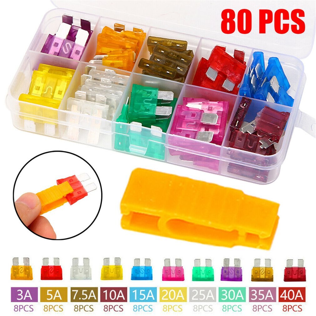 80pcs 12V Standard Blade Car Fuses Fuse 3A-40A Assorted Set + 1pc Puller Kit Auto Medium Blade Fuses Kit