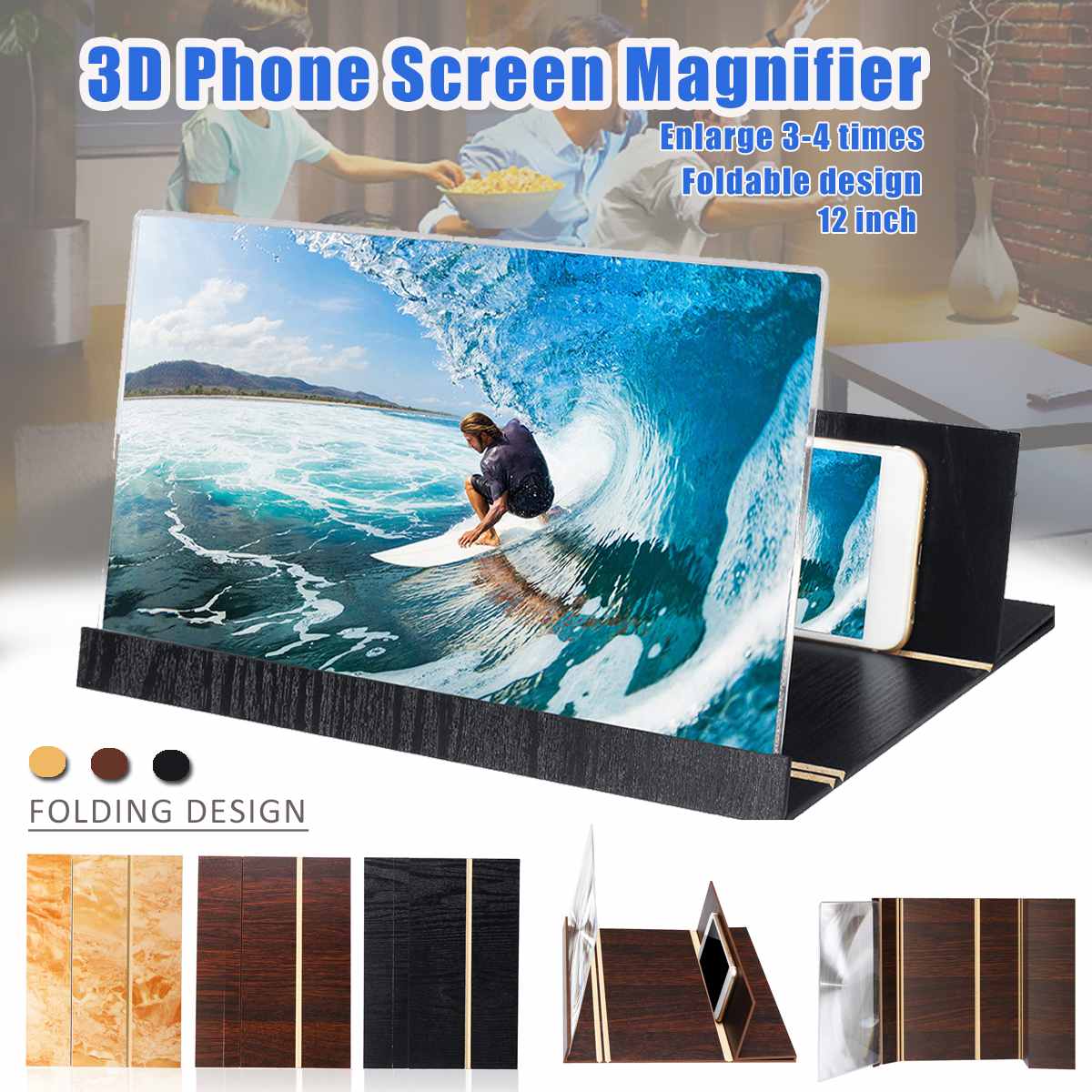 12 Inch Foldable HD Mobile Phone Screen Magnifier 3D Movie Video Bracket Stereoscopic Amplifying Phone Tablet Desktop Holder
