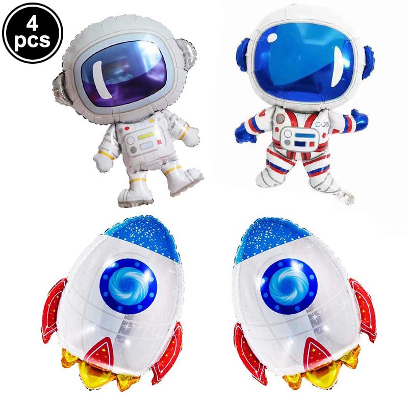 4Pcs Large Size Outer Space Cartoon Balloons Astronaut Balloons Rocket Balloons Baby Shower Kids Planet Themed Party Supplies: 4pcs balloon kit