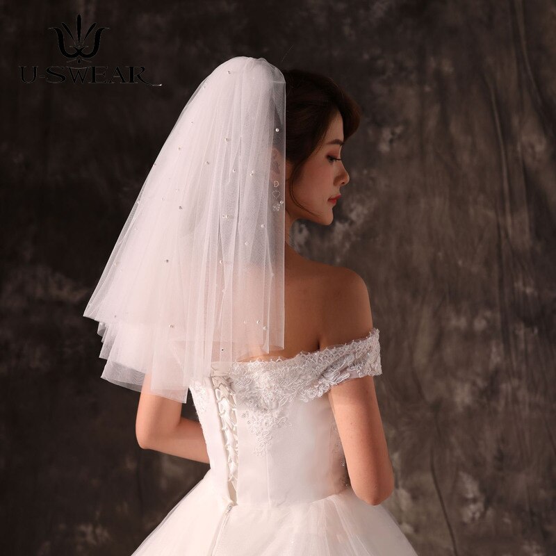 2 Layer Princess Puffy Pearl Short Veil with Metal Hair Comb Bride Velo De Novia Wedding Accessories Bridal Veils