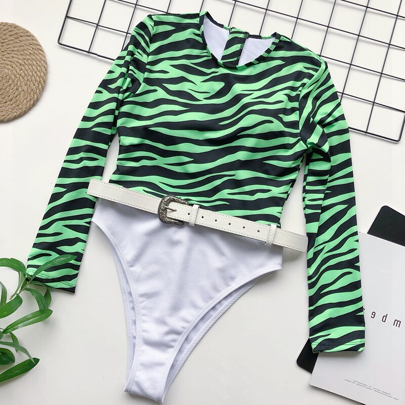 Vestito di un Pezzo A Vita Alta Costume Da Bagno Costume Da Bagno Costumi Da Bagno 2020 A Maniche Lunghe Vestito di Nuoto per Le Donne Rashguard Della Chiusura Lampo Surf: Gnzebra / L