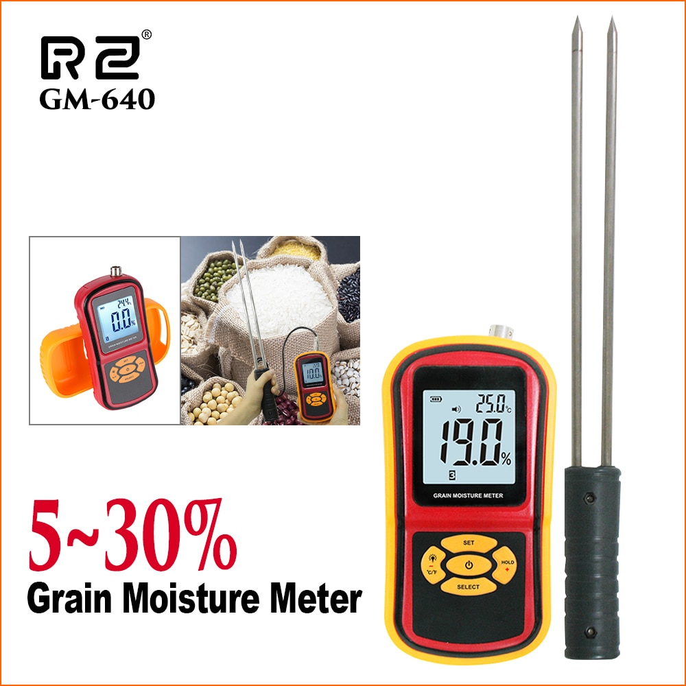 RZ Digital Grain Moisture Meter Smart Sensor 5%~30% Thermometer Seed Paddy Corn Rice With Long Probe Humidity Hygrometer GM640