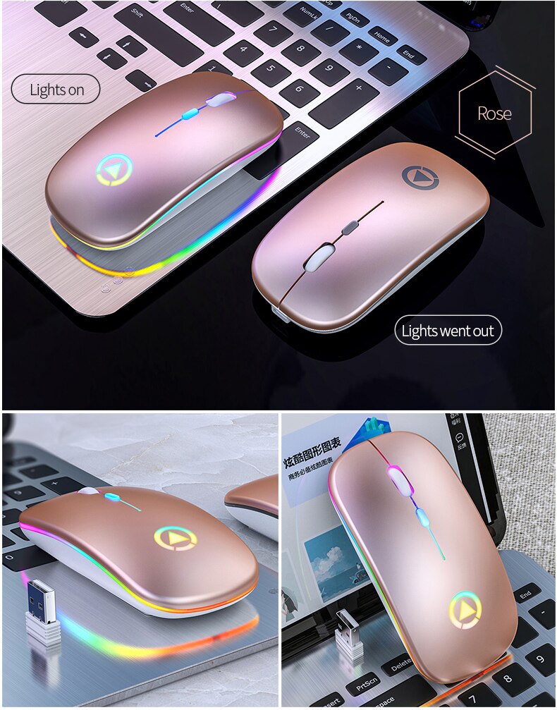 kabellos Spielen Maus USB Aufladbare Computer Mäbenutzen mit LED Stille Mause hinterleuchtet Für PC Laptop Computer: rose gold