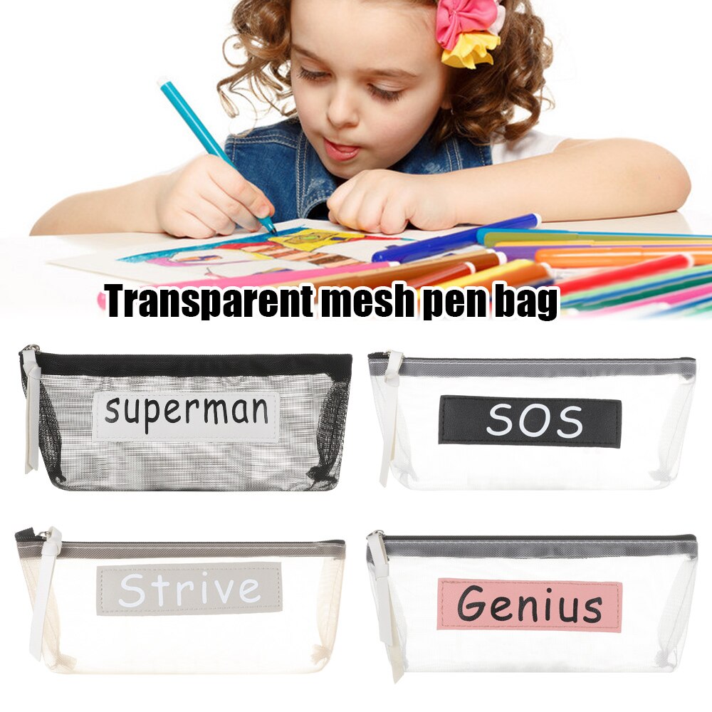 Transparent Mesh Pencil Bag Nylon Zipper Pencil Case School for Kids Girls Pen Storage Bag Office Supplies