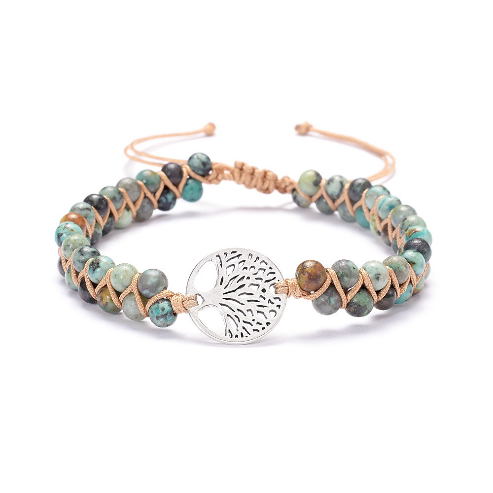 Árvore de pedra natural da vida yoga chakras contas frisado pulseiras corda de couro artesanal tecido wrap pedra ajustável casal pulseira: green silver