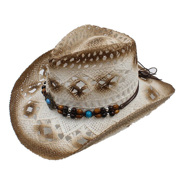 Handwork Summer Women's Men's Hollow Western Cowboy Hat For Gentleman Western Word Cowgirl Jazz Cap Summer Straw Beach Sun Hat: coffee white