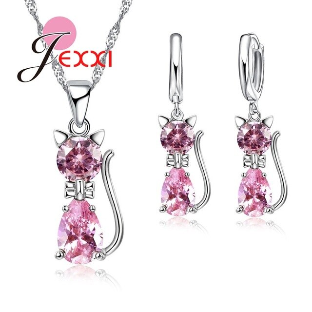 Arrivals Genuine 925 Sterling Silver Shiny Cubic Zirconia Cat Kitty Necklace Pendant Hoop Earrings Fast: Pink