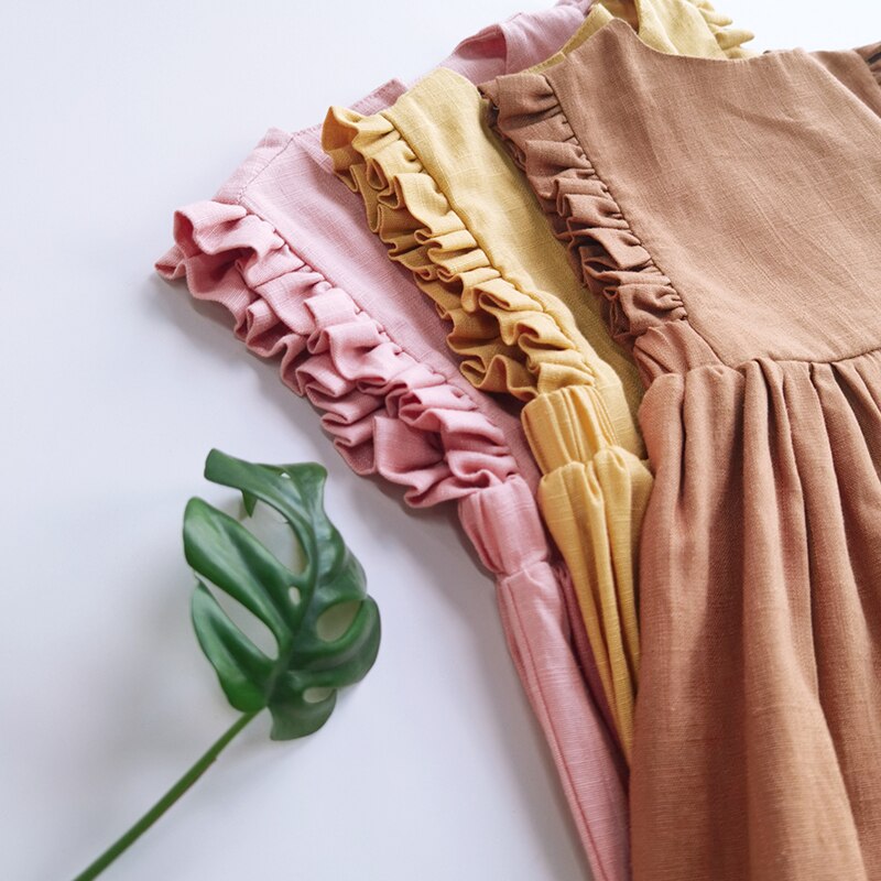 Baby Meisje Jurk 1-6Y Effen Linnen Katoen Ruche Mouw Kinderen Jurken Voor Zomer Prinses Feestjurk Peuter Meisje A-lijn Zonnejurk