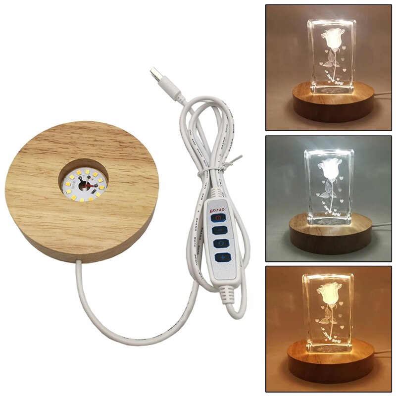 Handgemaakte Houten 3 Kleuren Led Licht 3D Kristallen Glas Hars Art Dispaly Base Stand X9FA