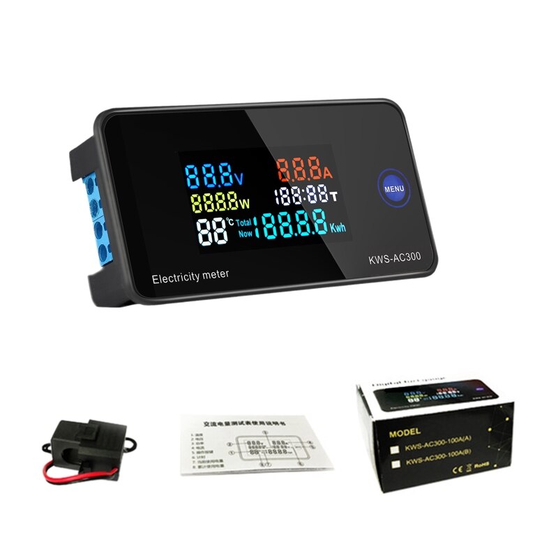Ac 50-300v 0-100a effekt energimåler voltmeter ammeter kwh digital vekselstrøm elektrisk monitorpanelmåler med reset-funktion: 100a shunt