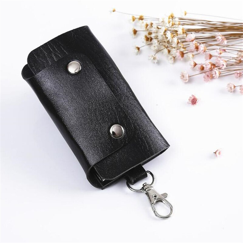LLavero de cuero PU para hombre y mujer, organizador de llaves, bolsa dividida, cartera de la llave del coche, funda para llaves, minitarjeta, billetera: Negro