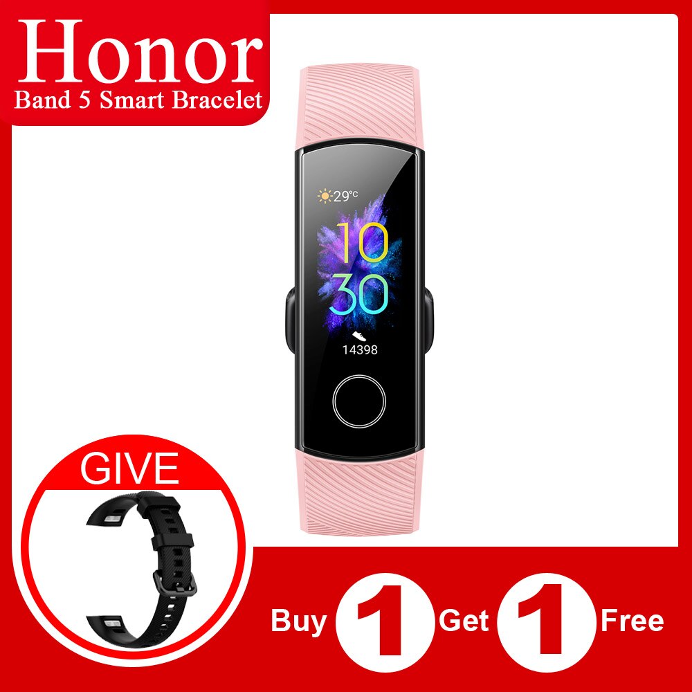 Originele Honor Band 5 Globle Versie Smart Wirstband Fitness Armband Tracker Stappenteller Hartslag Sleep Monitor Waterdichte Band: Pink and Black