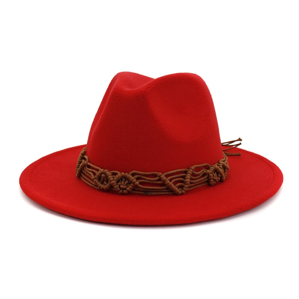 HanXi Women Hat Wool Fedoras Felt Hat Flat Brim Cap Twist Band: red