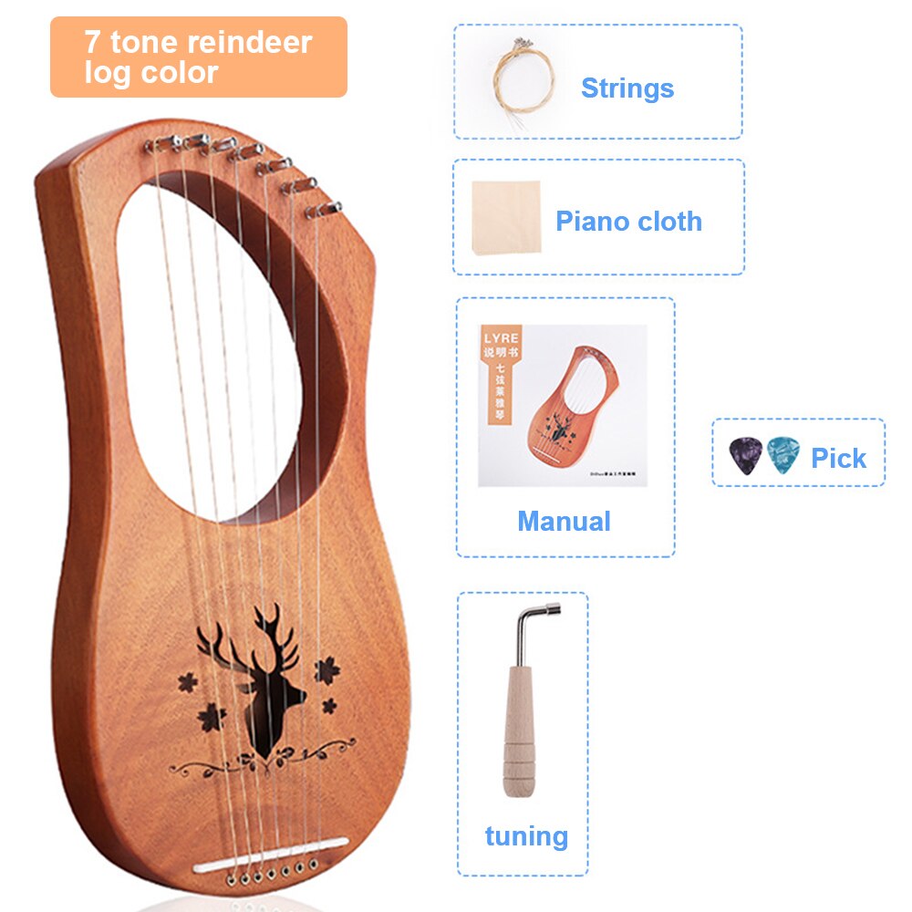 7-- strenget lyreharpe massivt træ 7 -strenget engelsk manual 7-- strenget lyreharpe massivt træ 7 -strenget skruenøgle rengøringsklud