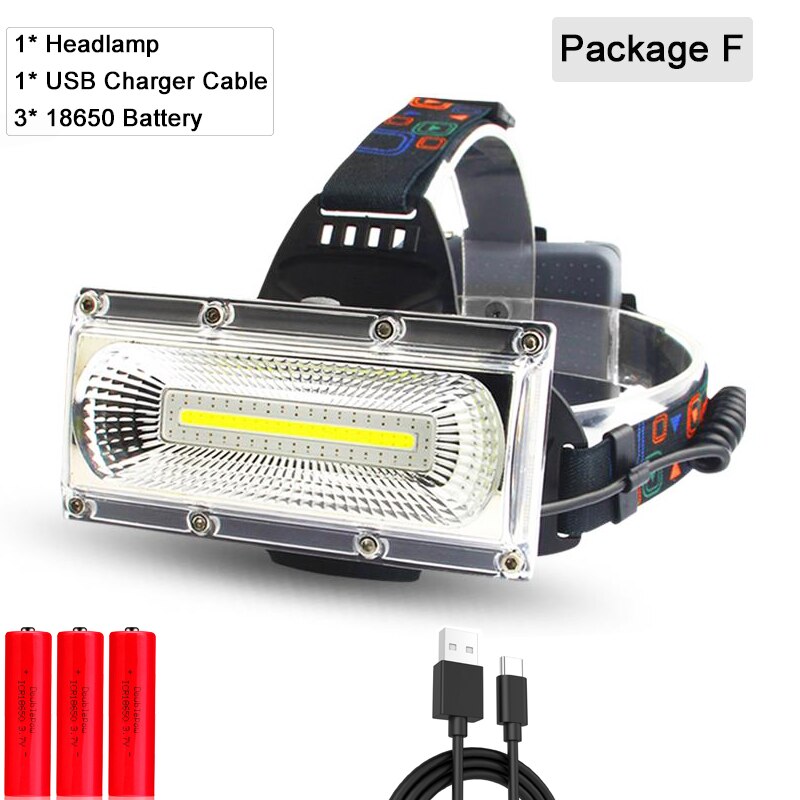 40000 lms cob led forlygte reparation lys hovedlampe usb genopladeligt vandtæt forlygte 18650 batteri fiskelys: Pakke f